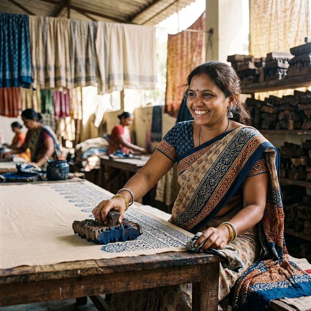 Artisan printing fabric with wood blocks in Panvel workshop