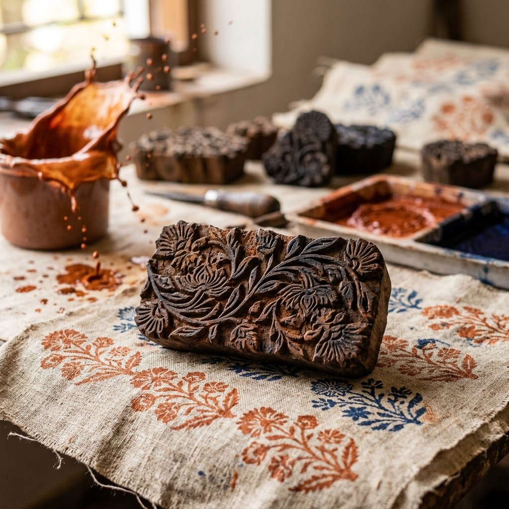 Wood blocks and natural dyes used in Chhaap block printing
