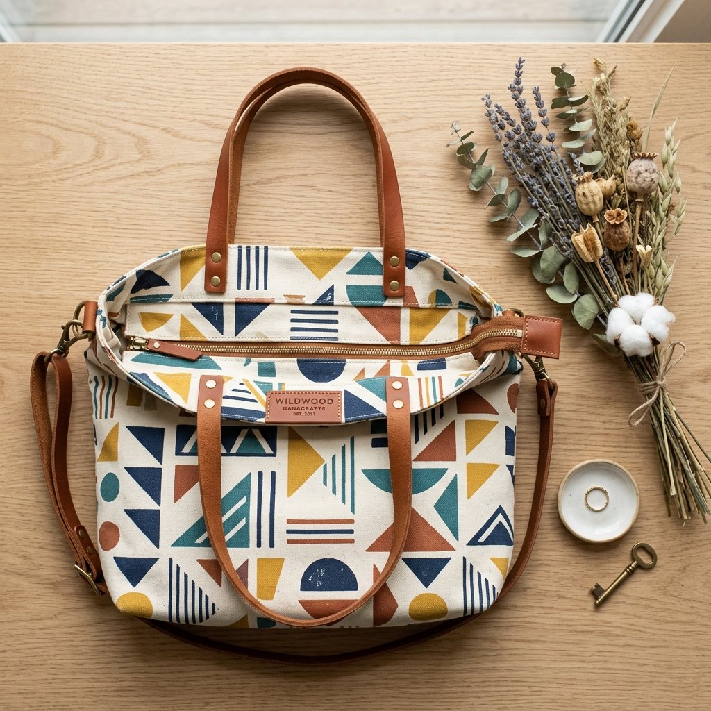 Contemporary Canvas Hand-block printed purse with leather details