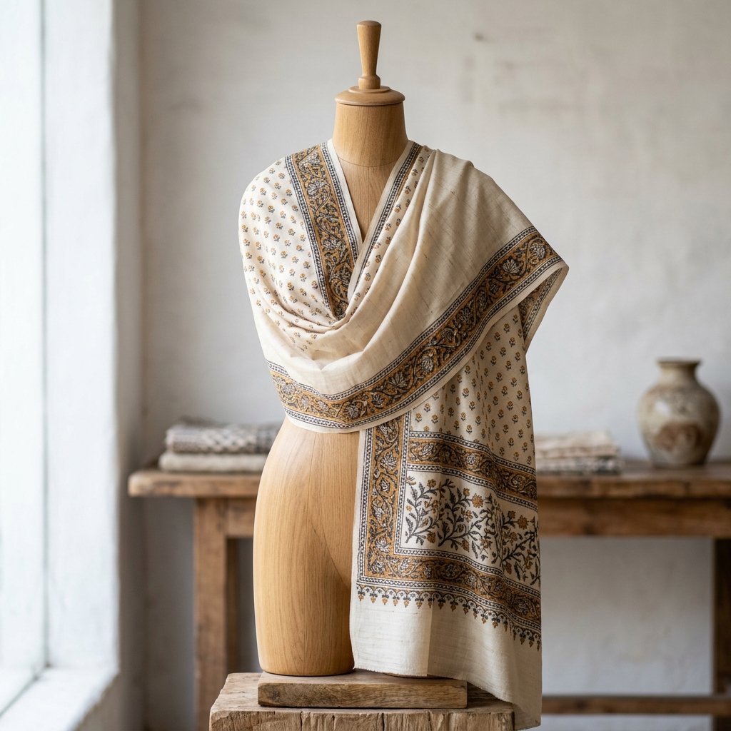 Saffron Floral Border Shawl crafted from fine cotton-silk